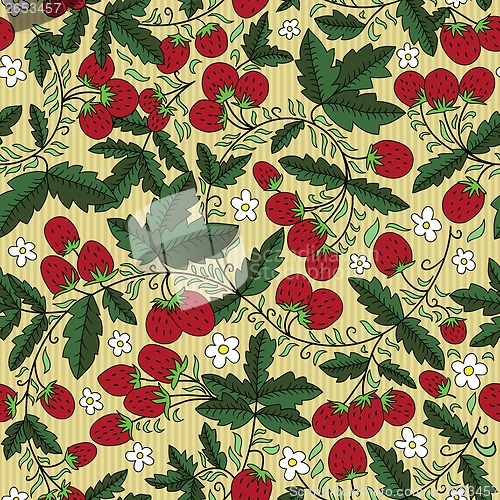 Image of strawberry and leaves on striped background