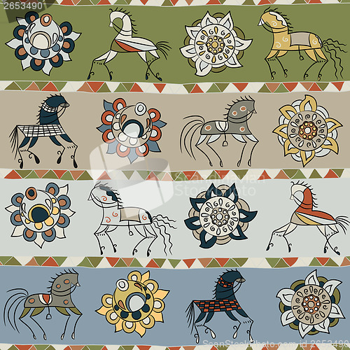 Image of  texture with horses, flowers, and triangle