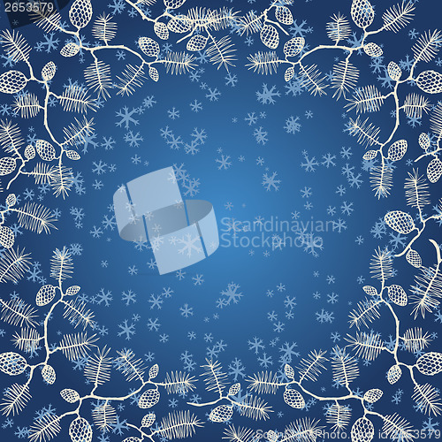 Image of Snowflakes and fir cone on blue gradient