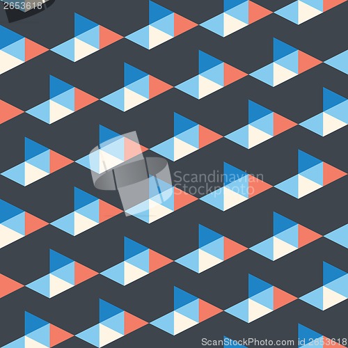 Image of seamless pattern of white, blue, red triangles