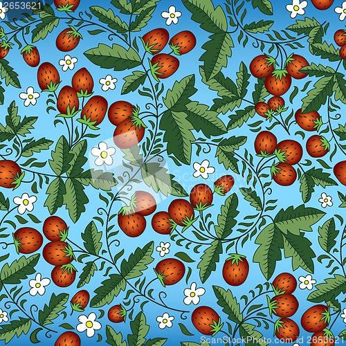 Image of strawberry and leaves on a blue background