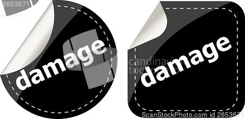 Image of damage word on black stickers web button set, label, icon