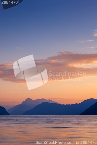 Image of Beautiful sunset landscape on fjord