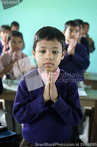 Image of Portrait of schoolboy at school, Kumrokhali, West Bengal, India
