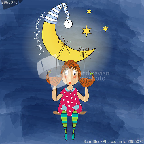 Image of nostalgic young girl swinging in a swing hanging from the moon