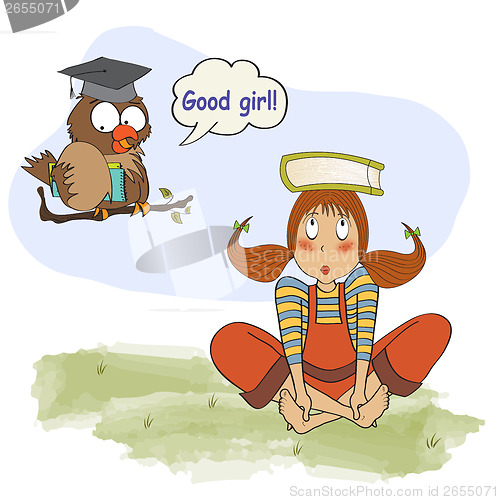 Image of young girl studying with her ??teacher, an owl