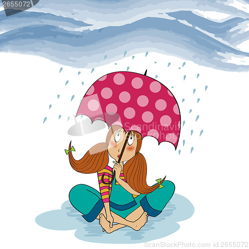 Image of barefoot young girl sit down in the rain