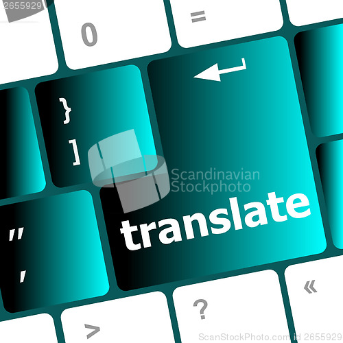 Image of Multilingual translation on-line concept. Close up of multi language keyboard and translate word key