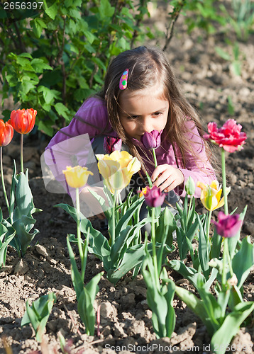 Image of Little girl with tulips