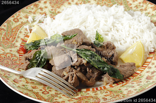 Image of Chilli beef plate with basil leaf garnish