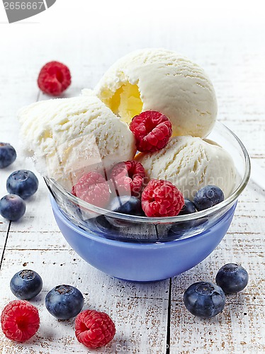 Image of ice cream with raspberries and blueberries