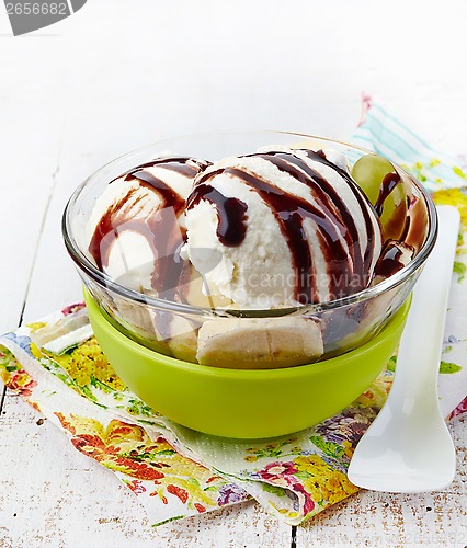 Image of ice cream with banana and chocolate sauce