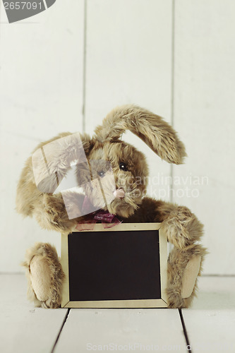 Image of Teddy Bear Like Home Made Bunny Rabbit on Wooden White Backgroun