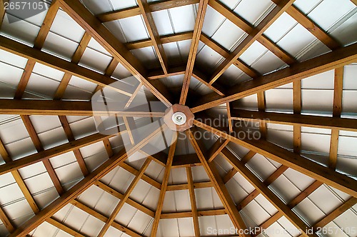 Image of looking up at  eight sided exposed beam roof