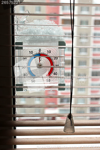 Image of thermometer with layer of snow showing two degrees