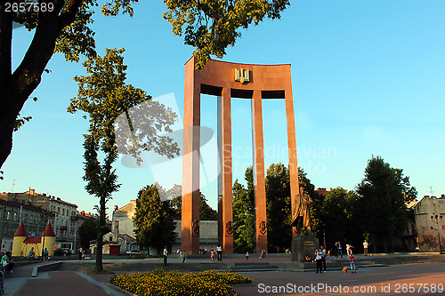 Image of monument of S. Bandera and trident in Lvov city