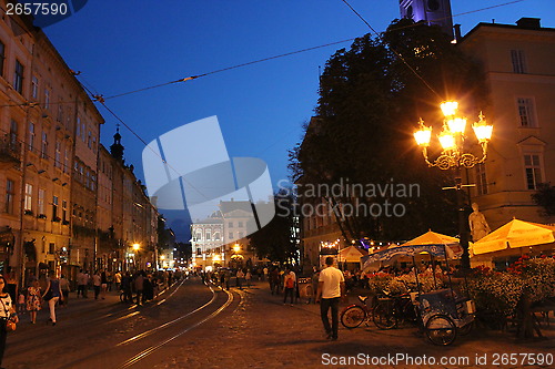 Image of illuminated street of Lviv city