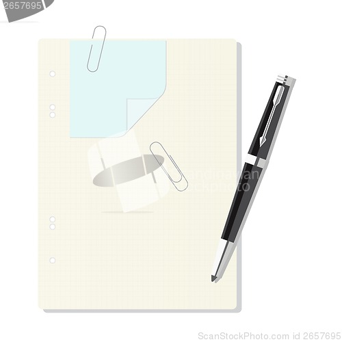 Image of exercise book in a cage, pen, paper clip, leaf