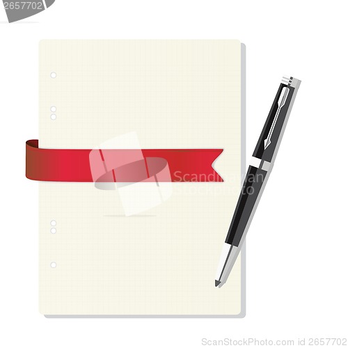 Image of exercise book in a cage, pen, red ribbon