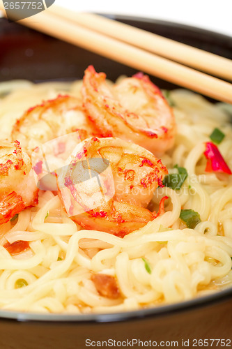 Image of Shrimp and noodle soup bowl with chopsticks