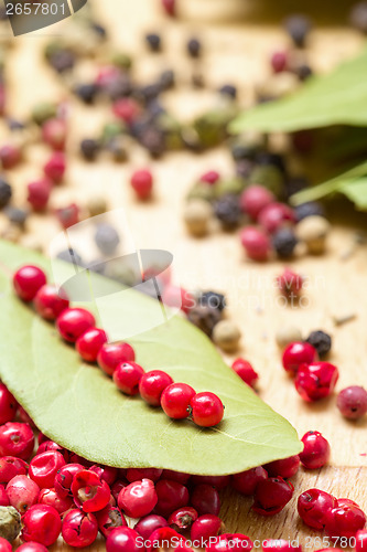 Image of Dry bay laurel leaf with multicolored peppercorn