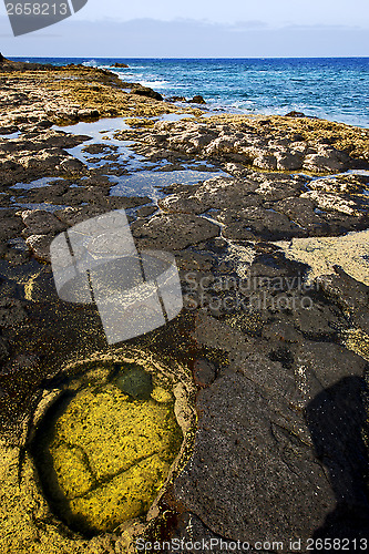 Image of in spain  lanzarote  rock stone  water  musk pond  coastline and