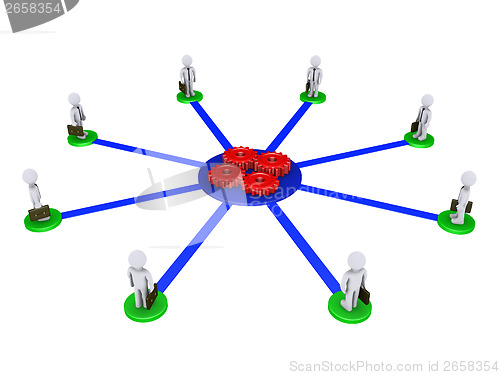 Image of Eight businessmen connected to four cogs