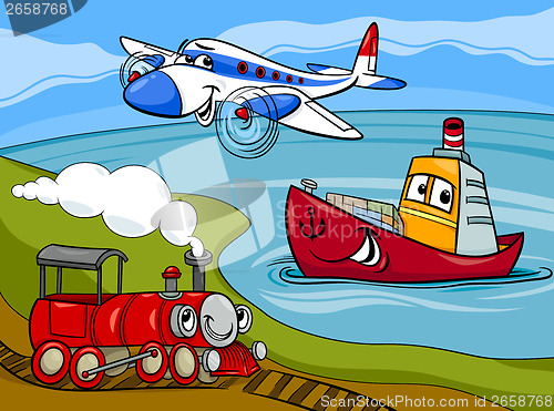 Image of plane ship train cartoon illustration