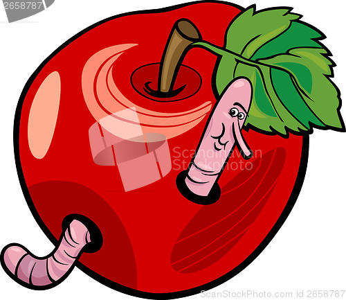 Image of apple with worm cartoon illustration