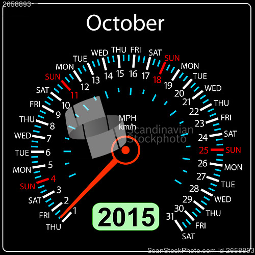 Image of 2015 year calendar speedometer car in vector. October.