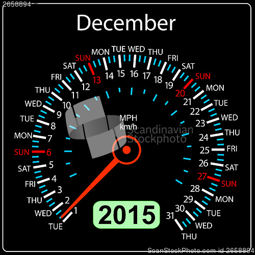 Image of 2015 year calendar speedometer car in vector. December.