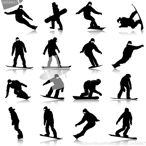 Image of Black silhouettes set snowboarders on white background. Vector i