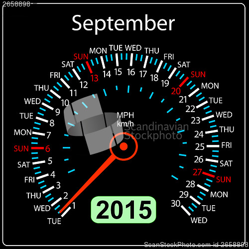 Image of 2015 year calendar speedometer car in vector. September.