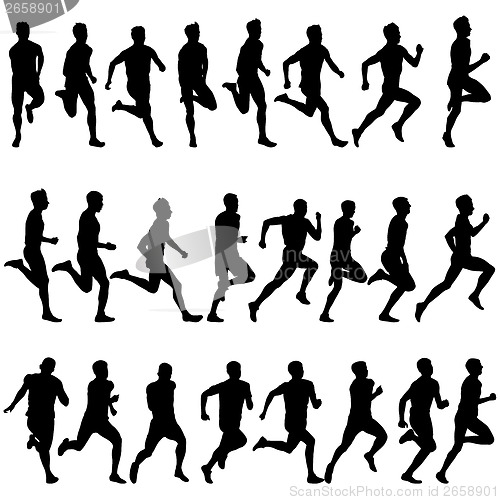 Image of Set of silhouettes. Runners on sprint, men. vector illustration.