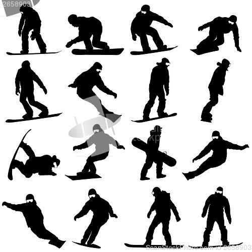 Image of Black silhouettes set snowboarders on white background. Vector i