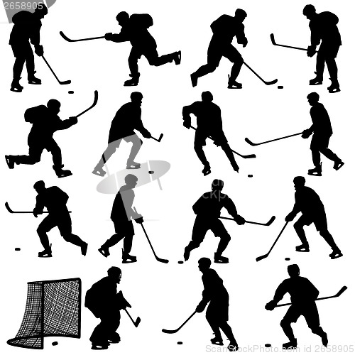 Image of Set of silhouettes of hockey player. Isolated on white. illustra