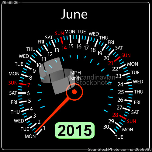 Image of 2015 year calendar speedometer car in vector. June.