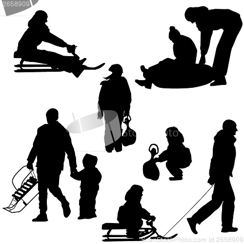 Image of Black silhouettes set people and children with a sled white back