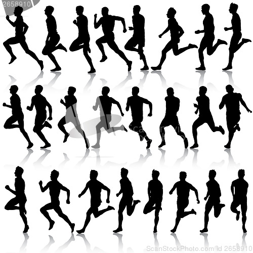 Image of Set of silhouettes. Runners on sprint, men. vector illustration.