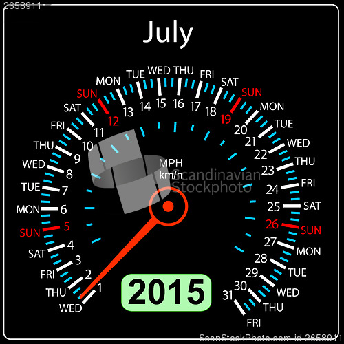 Image of 2015 year calendar speedometer car in vector. July.