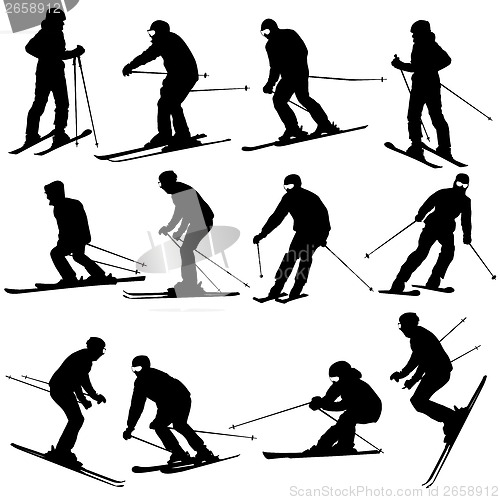 Image of Mountain skier  man speeding down slope. Vector sport silhouette