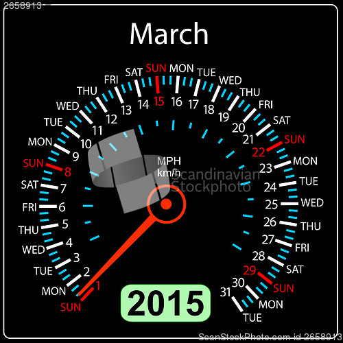 Image of 2015 year calendar speedometer car in vector. March.