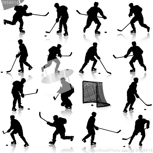 Image of Set of silhouettes of hockey player. Isolated on white. illustra