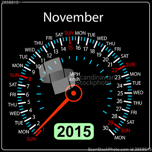 Image of 2015 year calendar speedometer car in vector. November.