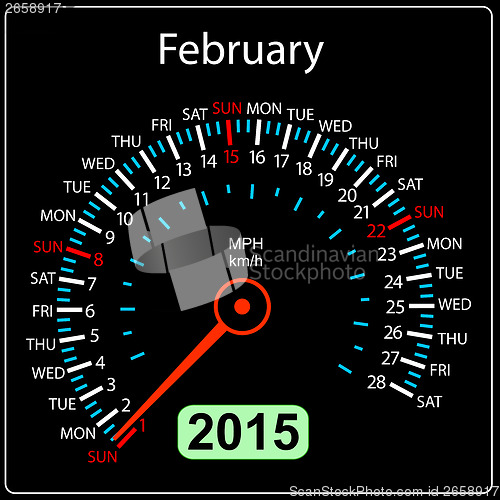 Image of 2015 year calendar speedometer car in vector. February.