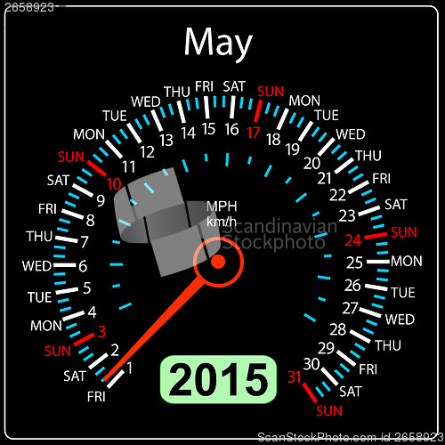 Image of 2015 year calendar speedometer car in vector. May.