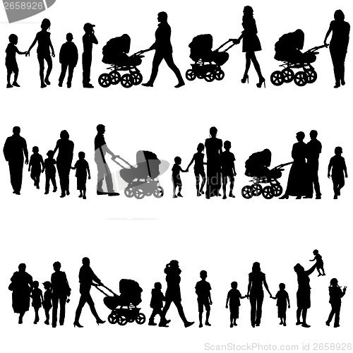 Image of Black set of silhouettes of parents and children on white backgr