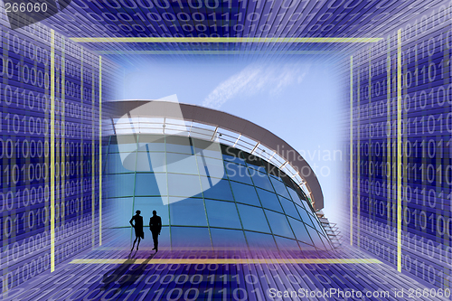 Image of Business concept scene with office building and people silhouettes