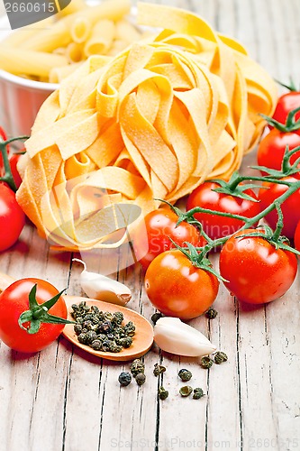 Image of uncooked pasta with tomatoes and spices