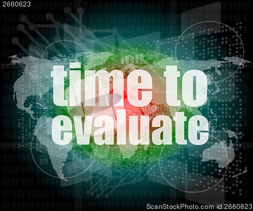 Image of Time concept: words Time to evaluate on digital screen